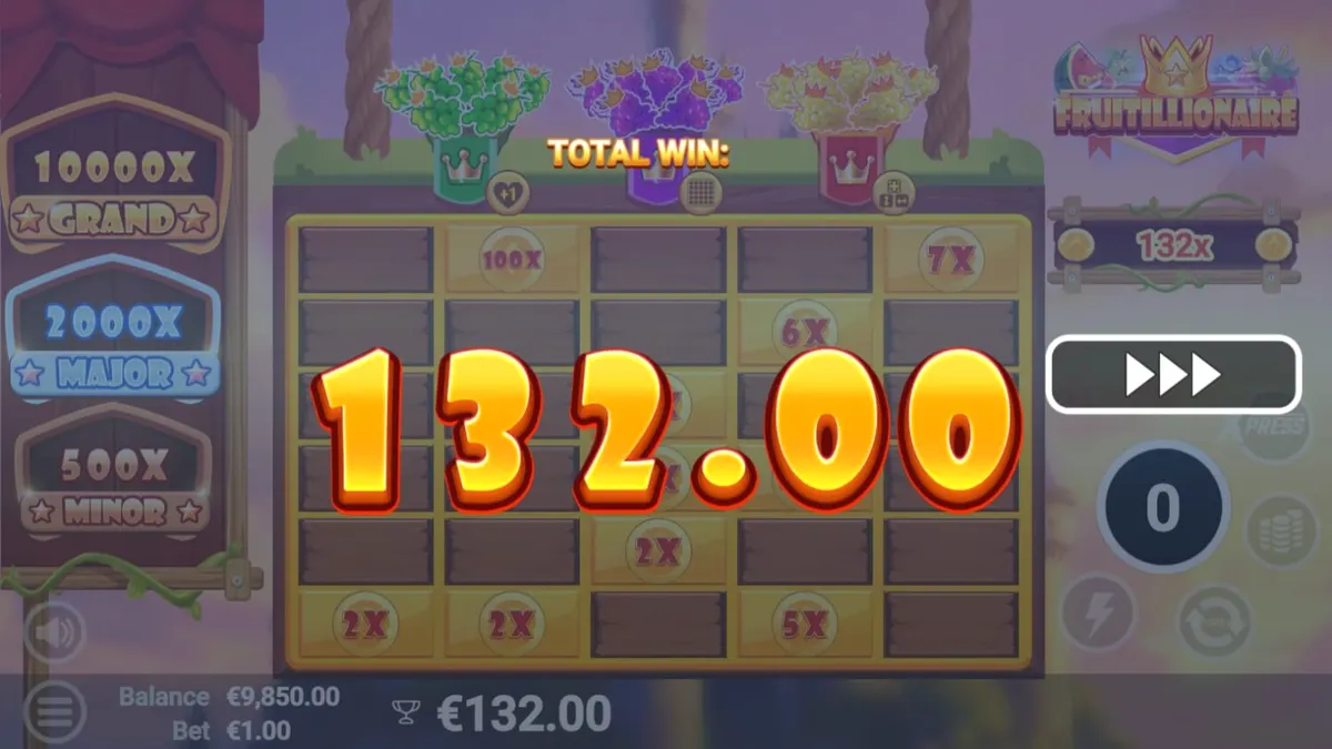 Cena vibrante e colorida do jogo de slot Fruitillionaire com frutas reais furiosas e moedas de ouro.