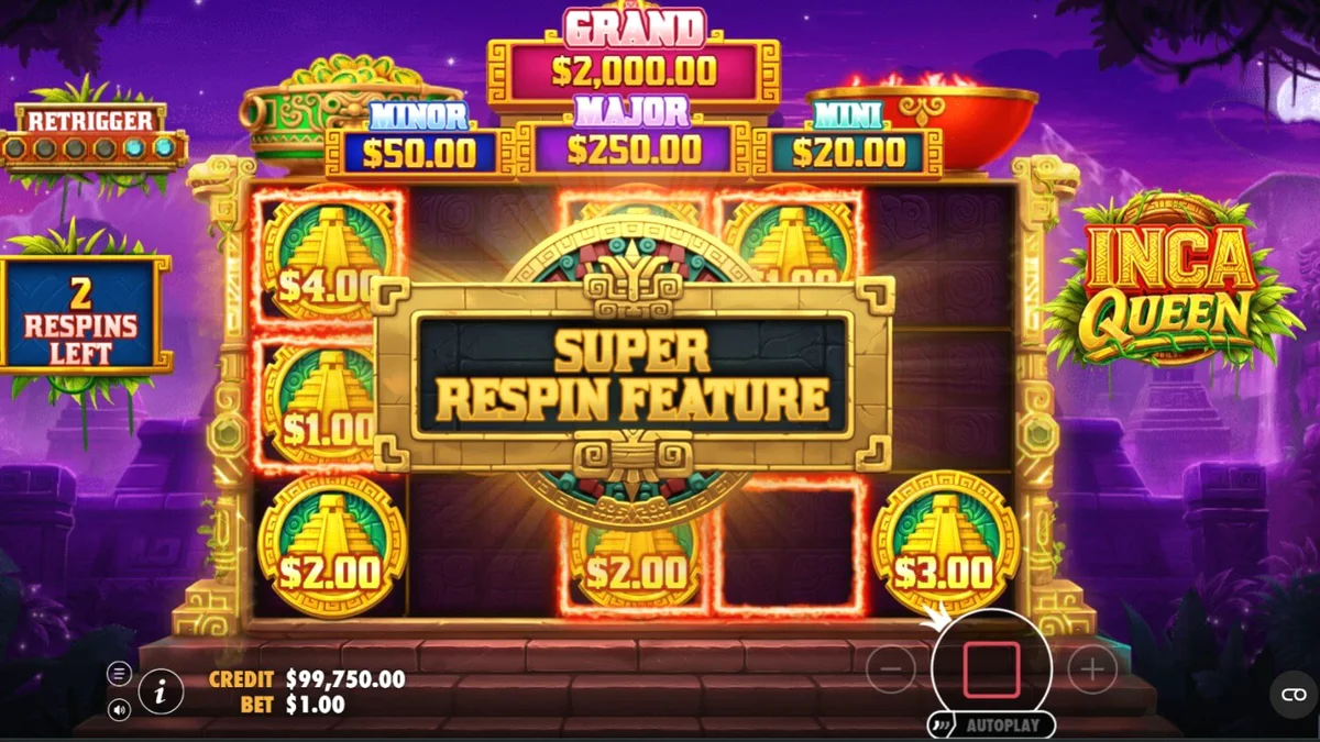 Interface do jogo de slot Inca Queen com símbolos temáticos e moedas douradas